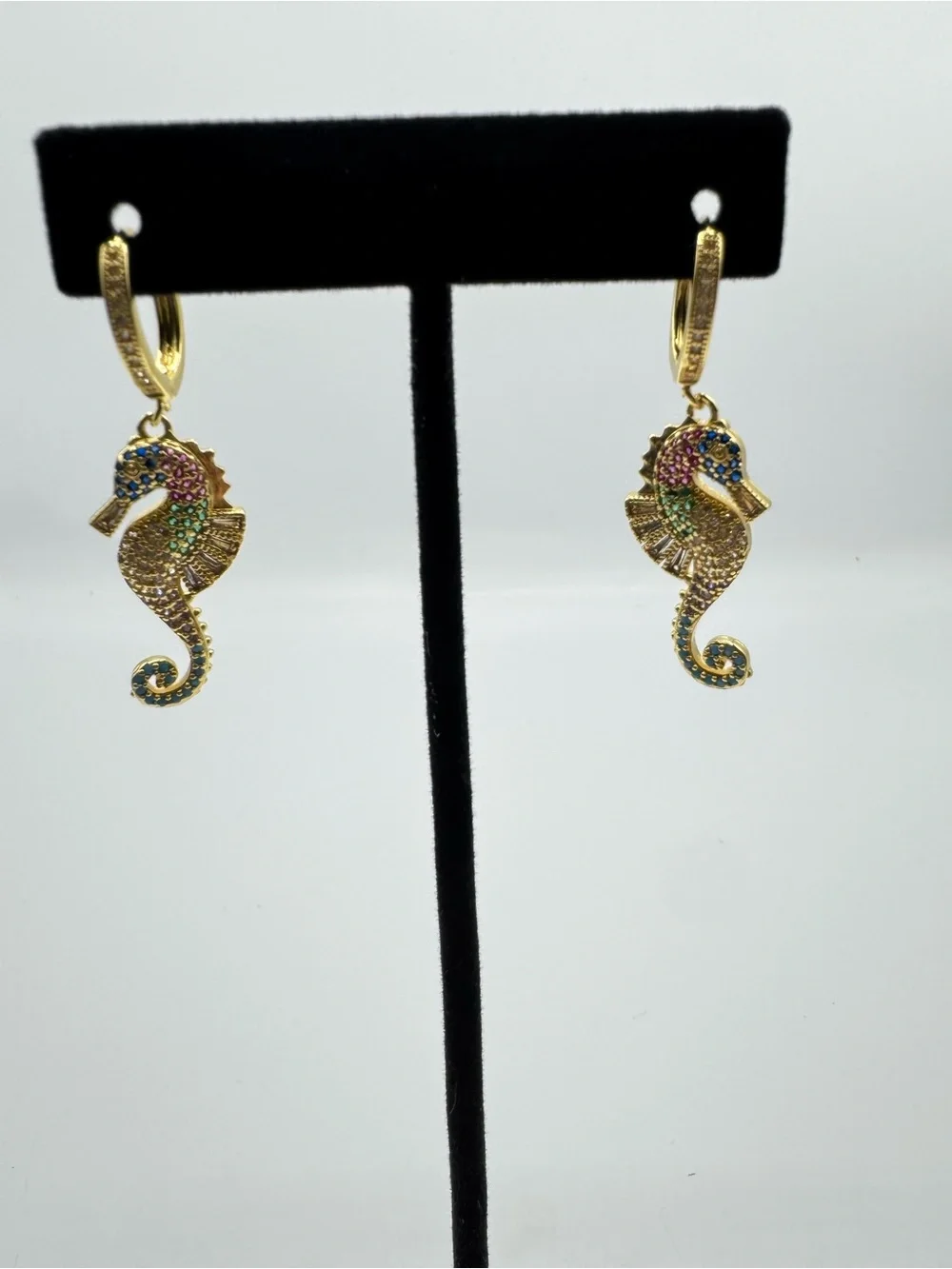 14k Multigem Seahorse Drop Hoop Earrings